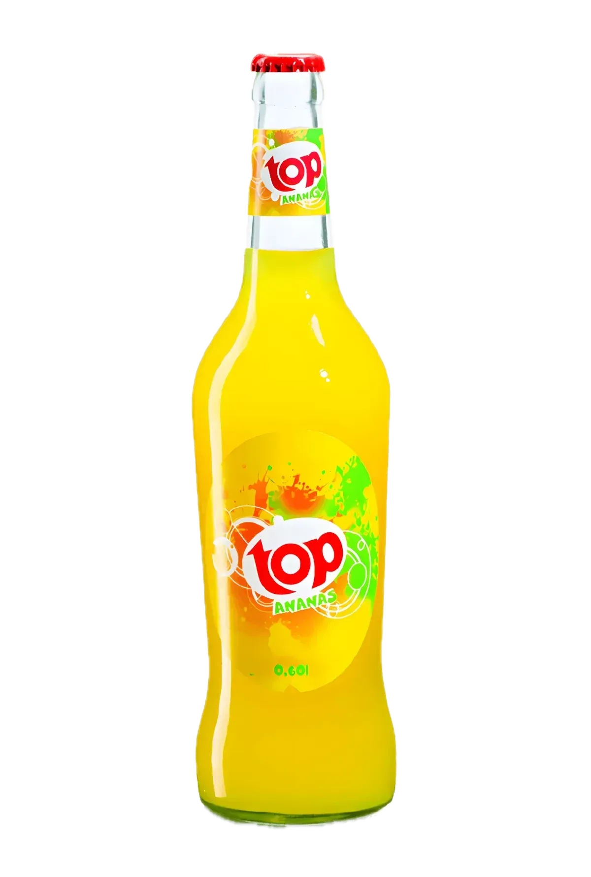 Bouteille de Soda ananas TOP 0,6L, boisson gazeuse tropicale rafraîchissante au goût d’ananas, idéale pour les amateurs de sodas fruités.